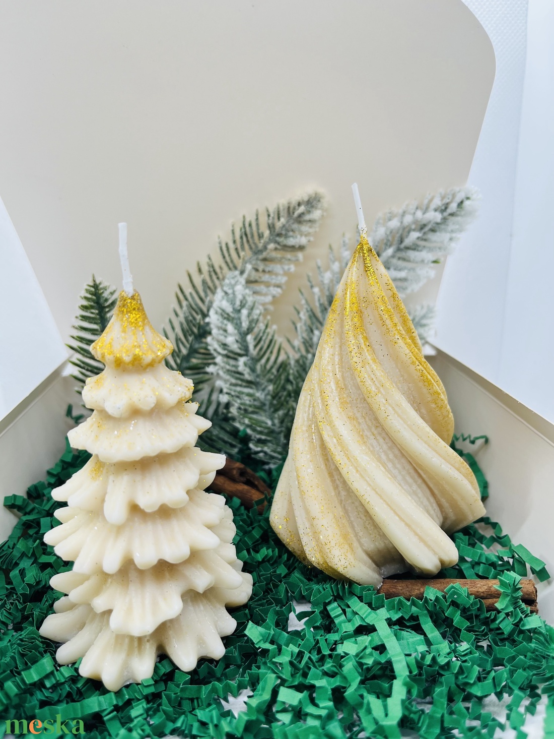 Bézs Arany Csillámos Fenyőfa Gyertya Szett  - karácsony - karácsonyi lakásdekoráció - karácsonyi illatgyertya, mécses - Meska.hu