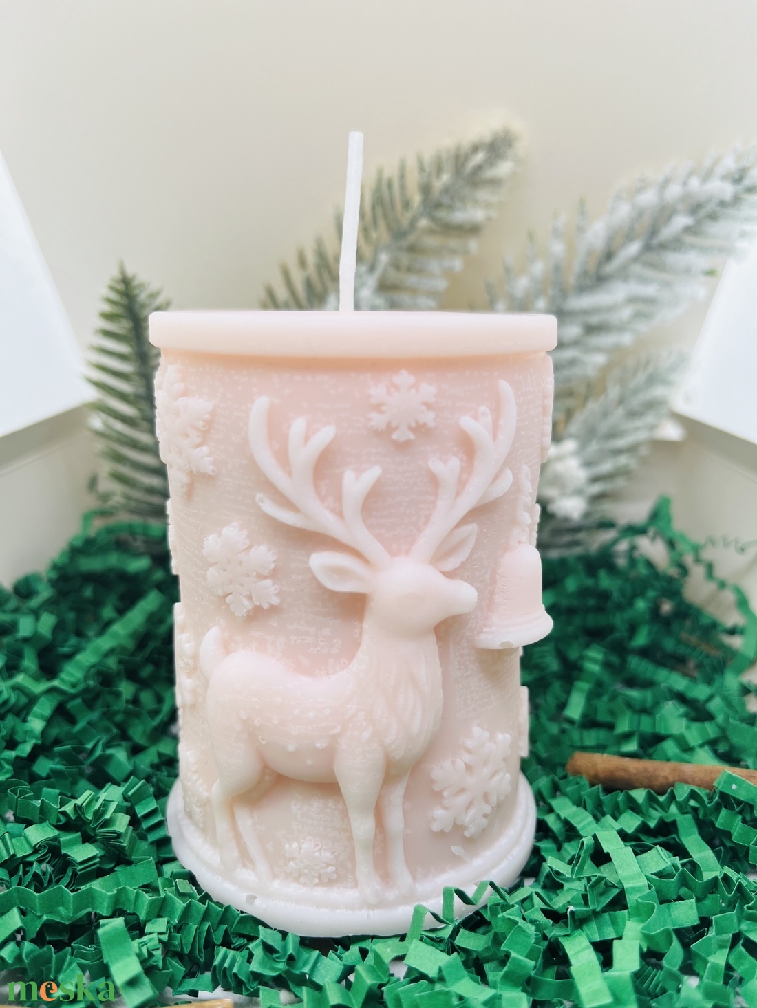 Púder rózsaszín szarvasos tömb gyertya  - karácsony - karácsonyi lakásdekoráció - karácsonyi illatgyertya, mécses - Meska.hu