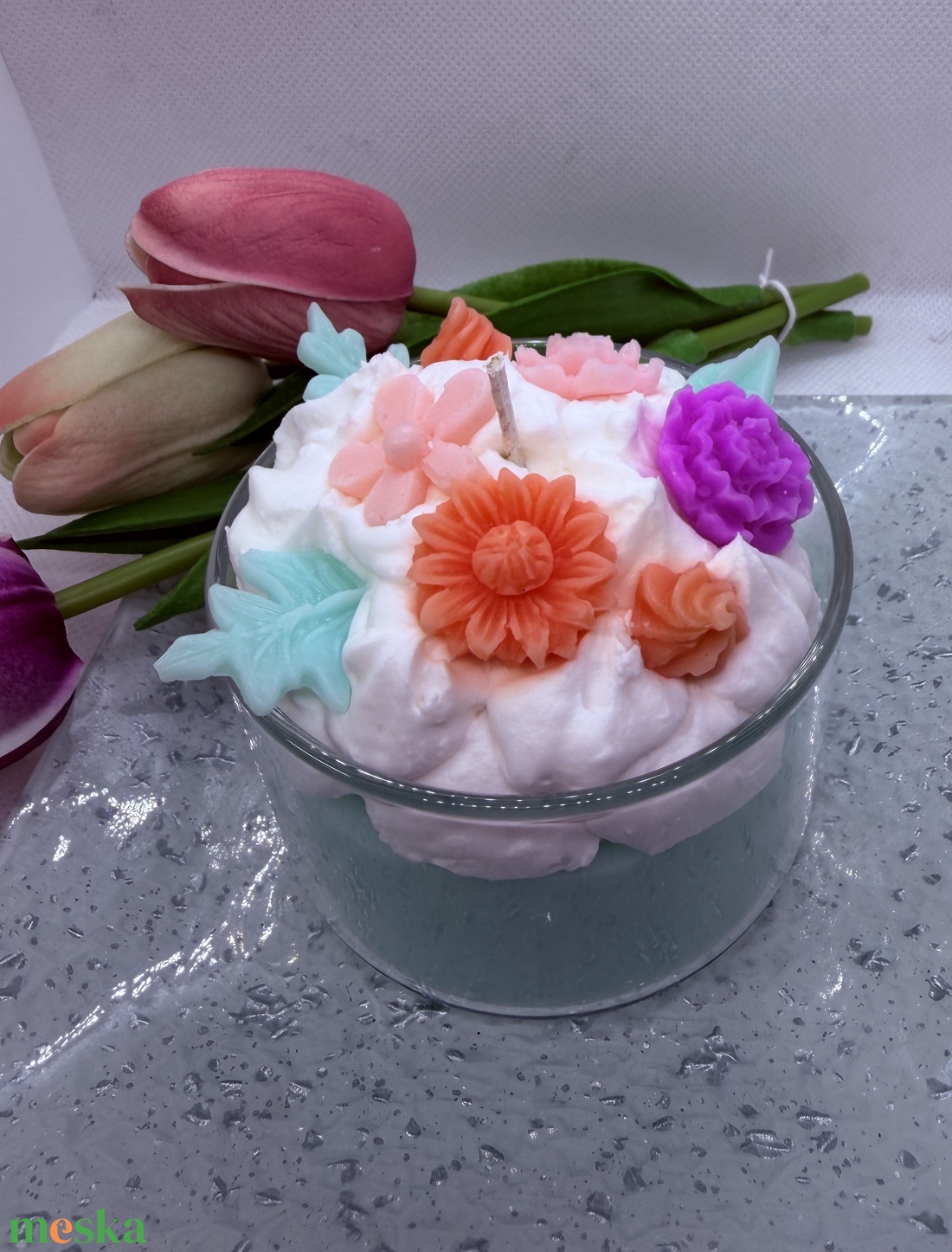 Apró virágos üveges d�szgyertya - menta zöld alappal - otthon & életmód - gyertya, illat, aroma - gyertya - Meska.hu