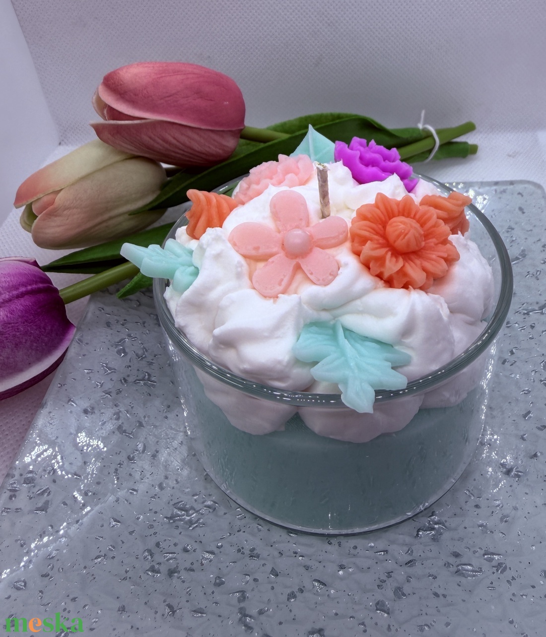 Apró virágos üveges d�szgyertya - menta zöld alappal - otthon & életmód - gyertya, illat, aroma - gyertya - Meska.hu