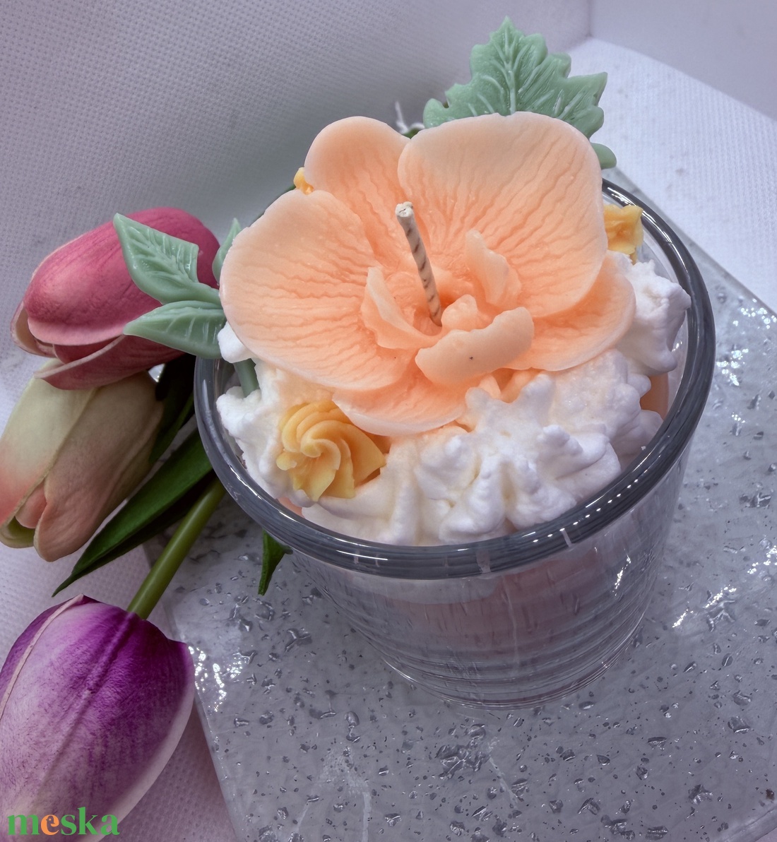 Habos orchidea virágos szójagyertya � barackvirág árnyalatú, kézműves üveges gyertya - otthon & életmód - gyertya, illat, aroma - gyertya - Meska.hu