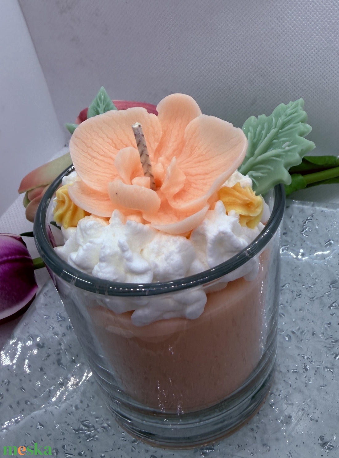 Habos orchidea virágos szójagyertya � barackvirág árnyalatú, kézműves üveges gyertya - otthon & életmód - gyertya, illat, aroma - gyertya - Meska.hu