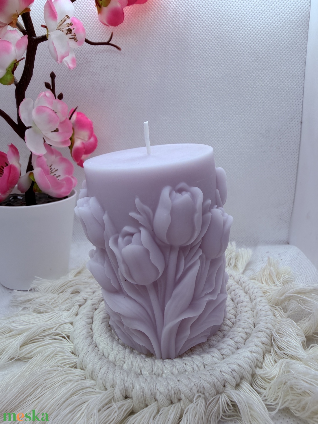 Kézműves tulipánmintás díszgyertya � paszell lila színben - otthon & életmód - gyertya, illat, aroma - gyertya - Meska.hu