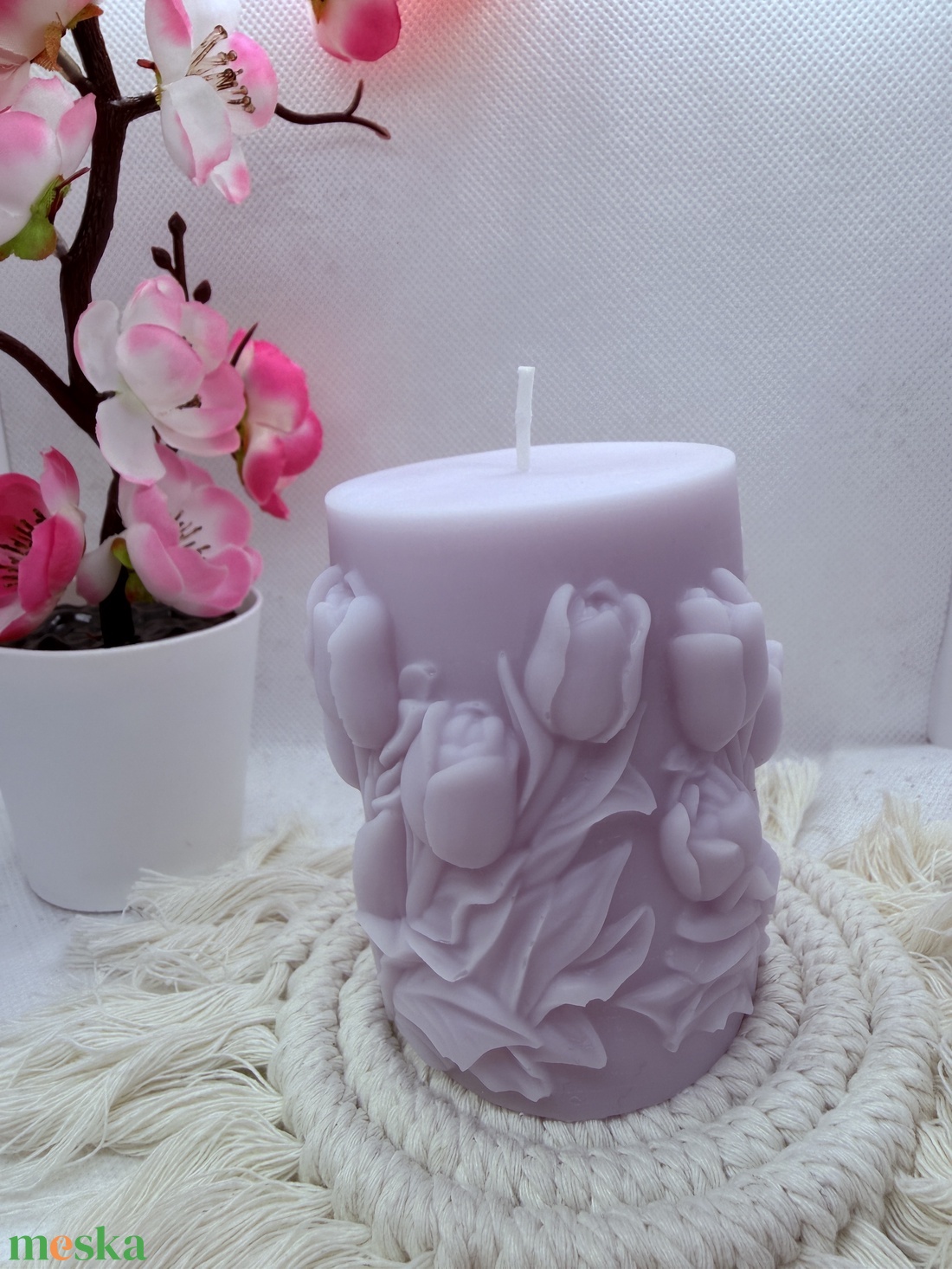 Kézműves tulipánmintás díszgyertya � paszell lila színben - otthon & életmód - gyertya, illat, aroma - gyertya - Meska.hu