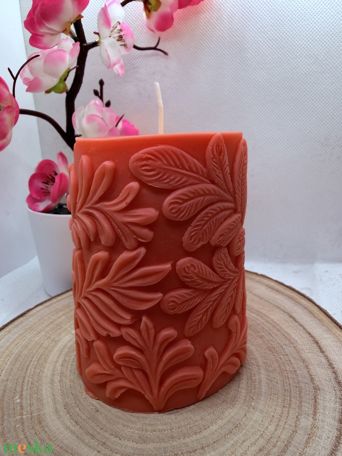 Kézműves pávás díszgyertya - korallpiros színű  - otthon & életmód - gyertya, illat, aroma - gyertya - Meska.hu