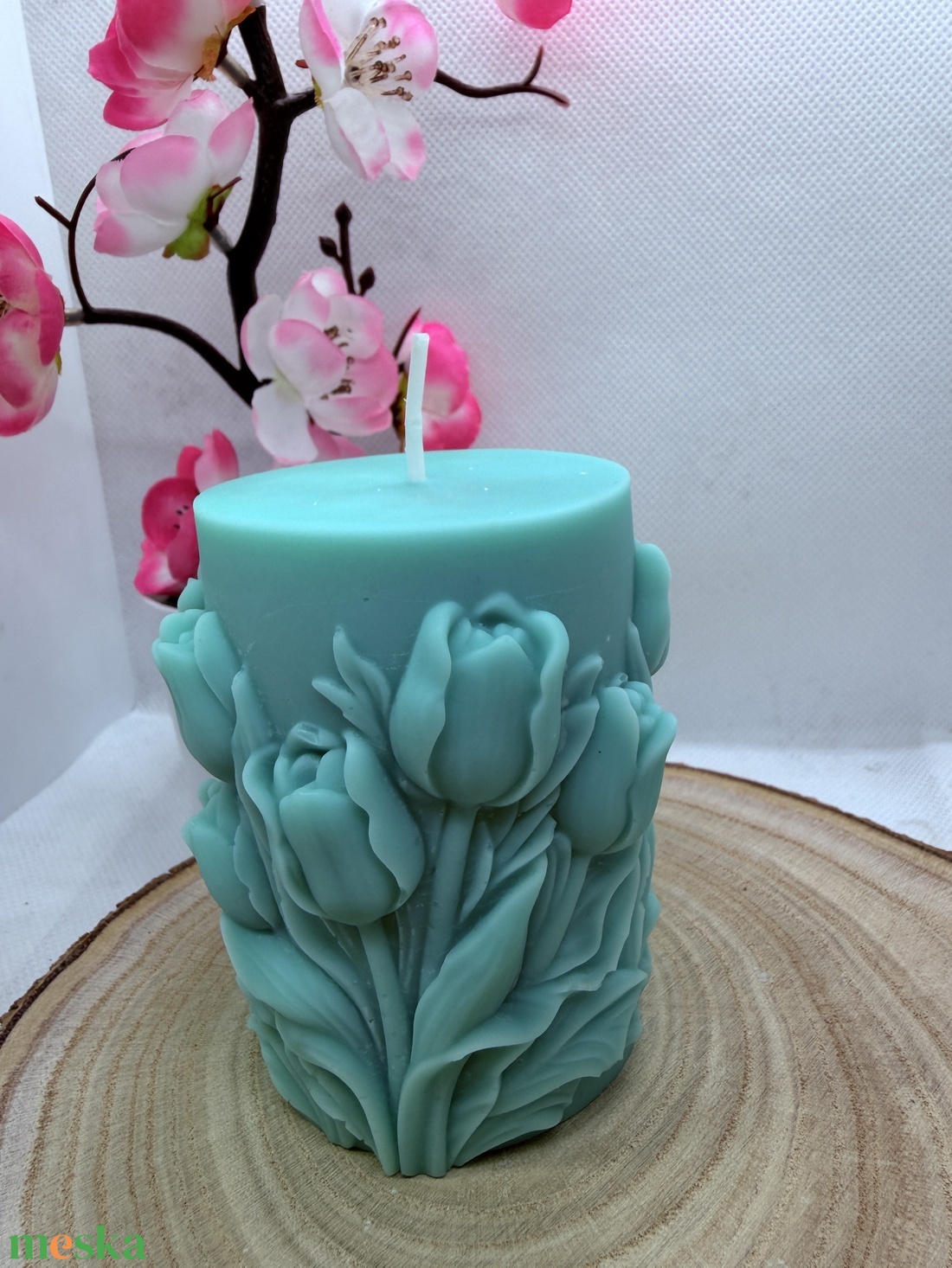 Kézműves tulipánmintás díszgyertya � zöld  színben - otthon & életmód - gyertya, illat, aroma - gyertya - Meska.hu