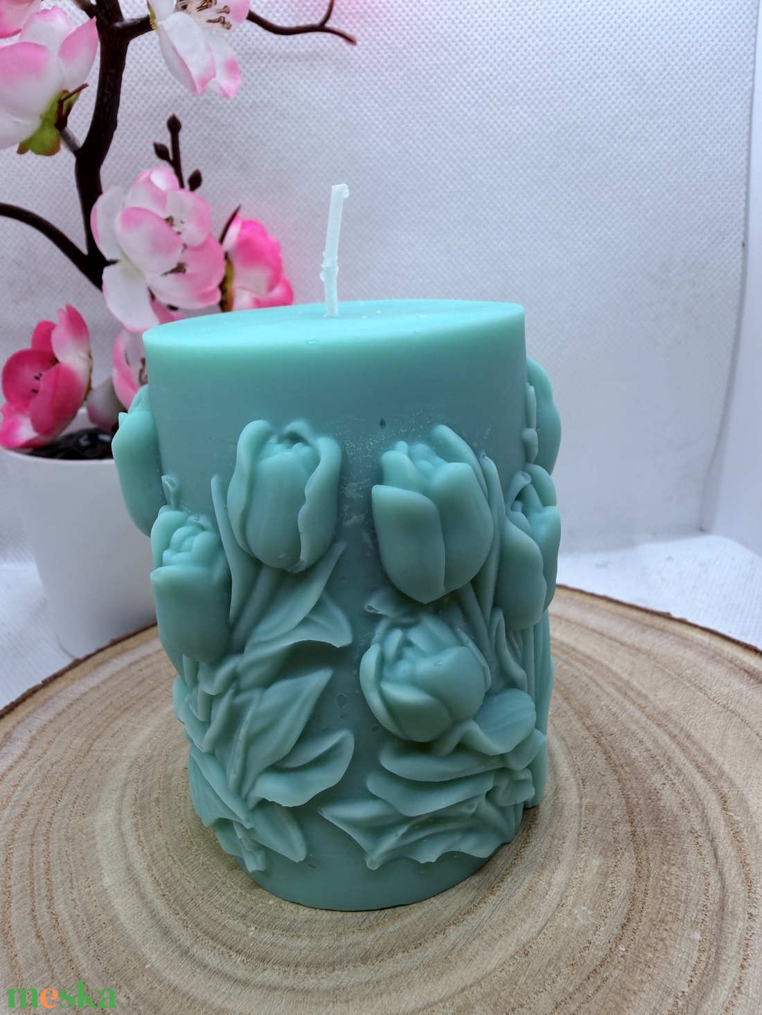 Kézműves tulipánmintás díszgyertya � zöld  színben - otthon & életmód - gyertya, illat, aroma - gyertya - Meska.hu