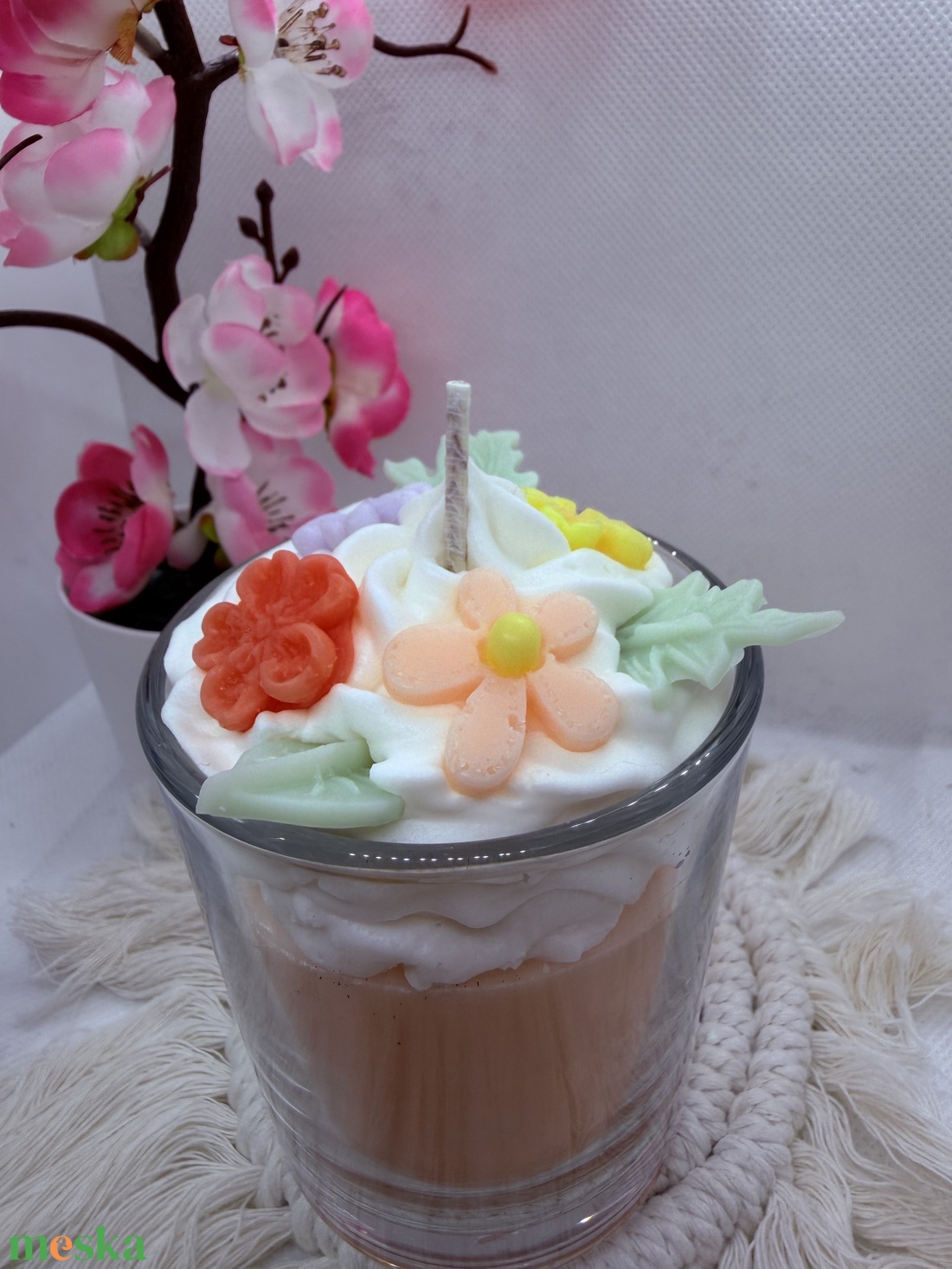 Apró virágos üveges d�szgyertya - barackvirág színben  - otthon & életmód - gyertya, illat, aroma - gyertya - Meska.hu