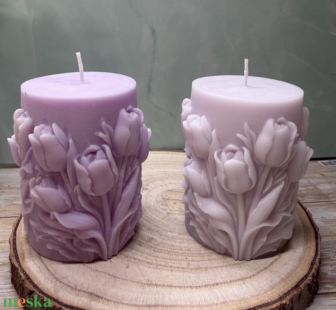 Kézműves tulipánmintás díszgyertya szett�  lila színben - otthon & életmód - gyertya, illat, aroma - gyertya - Meska.hu