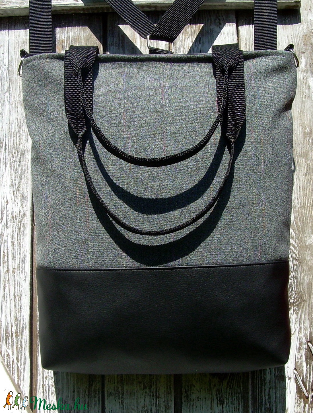 CITY BAG HÁTIZSÁK/OLDALTÁSKA/VÁLLTÁSKA : Fekete bőr szürke szövettel  2. - táska & tok - variálható táska - Meska.hu