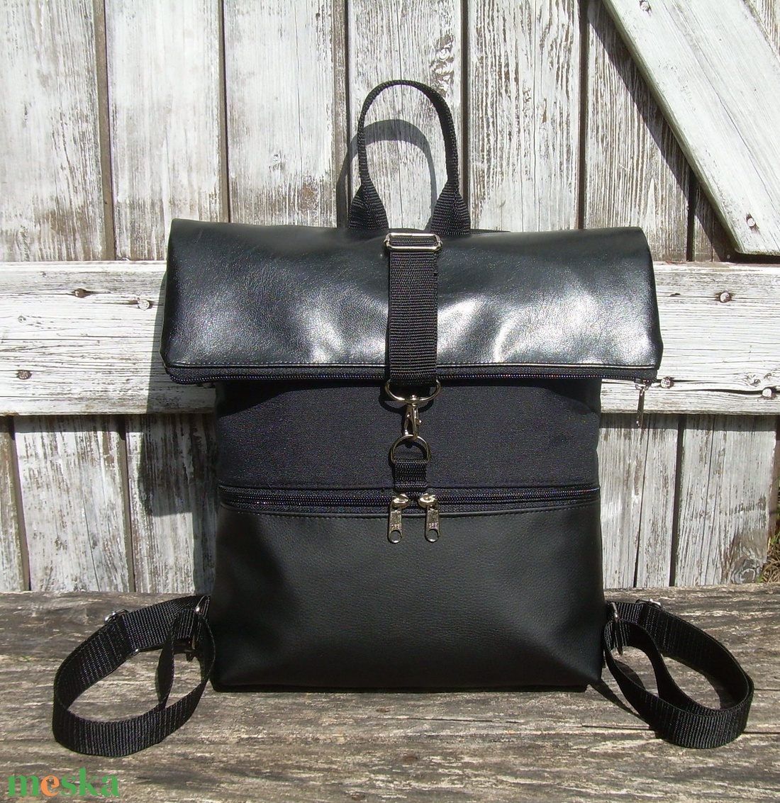   ROLL TOP CITY BAG : Fekete bőr cordurával - táska & tok - hátizsák - roll top hátizsák - Meska.hu