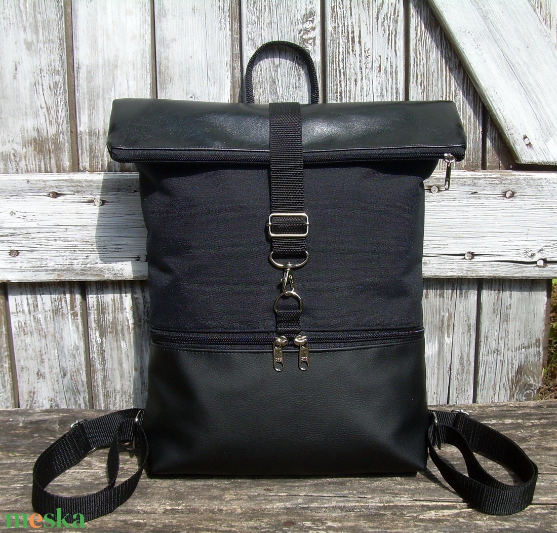   ROLL TOP CITY BAG : Fekete bőr cordurával - táska & tok - hátizsák - roll top hátizsák - Meska.hu