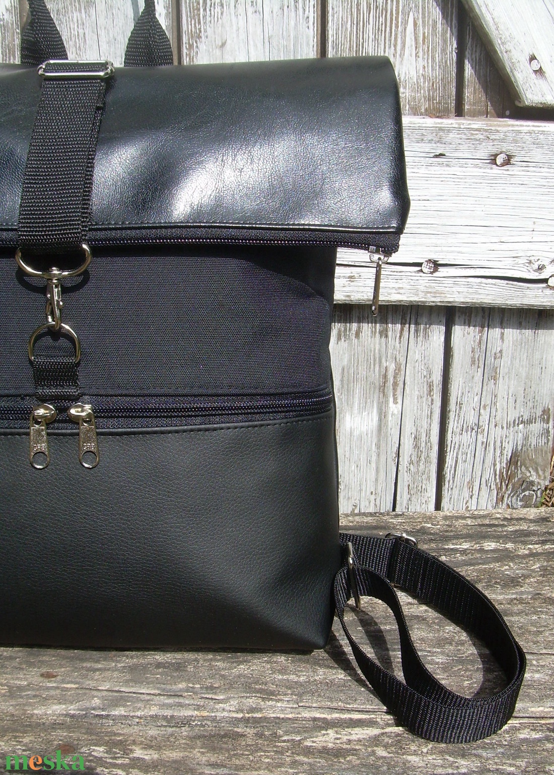   ROLL TOP CITY BAG : Fekete bőr cordurával - táska & tok - hátizsák - roll top hátizsák - Meska.hu