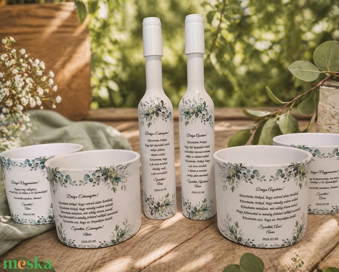Egyedi szülőköszöntő ajándék szett � 2 díszüveg és 4 kerámia kaspó, esküvőre, felirattal  2. - esküvő - emlék & ajándék - szülőköszöntő ajándék - Meska.hu