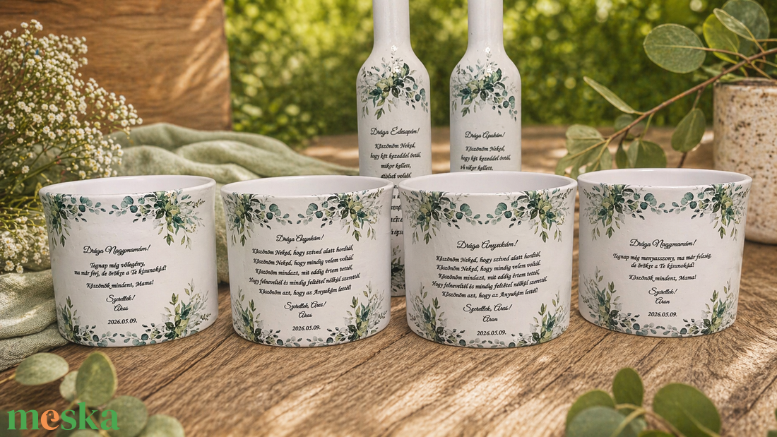 Egyedi szülőköszöntő ajándék szett � 2 díszüveg és 4 kerámia kaspó, esküvőre, felirattal  2. - esküvő - emlék & ajándék - szülőköszöntő ajándék - Meska.hu