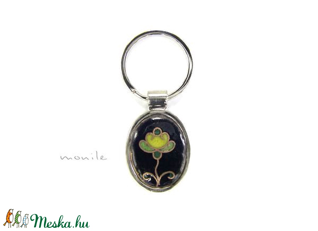 Virágos fekete-zöld tűzzománc kulcstartó - táska & tok - kulcstartó & táskadísz - Meska.hu