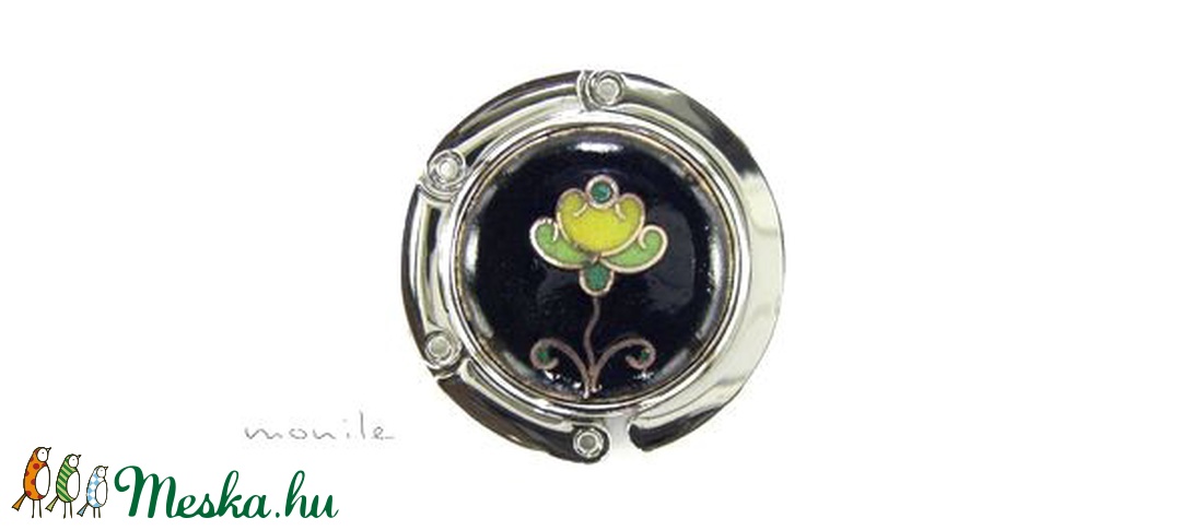 Virágos fekete-zöld tűzzománc táskatartó - táska & tok - kulcstartó & táskadísz - táskaakasztó - Meska.hu