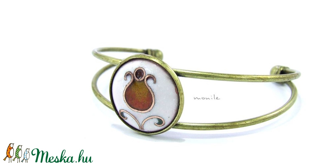 Virágos fehér-narancs tűzzománc karperec - ékszer - karkötő - karperec - Meska.hu