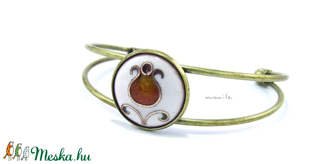 Virágos fehér-narancs tűzzománc karperec - ékszer - karkötő - karperec - Meska.hu