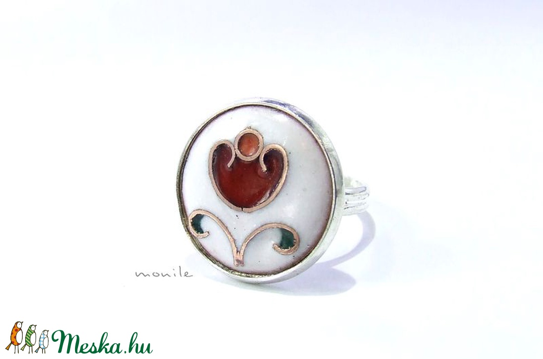 Virágos fehér-piros tűzzománc gyűrű - ékszer - gyűrű - Meska.hu