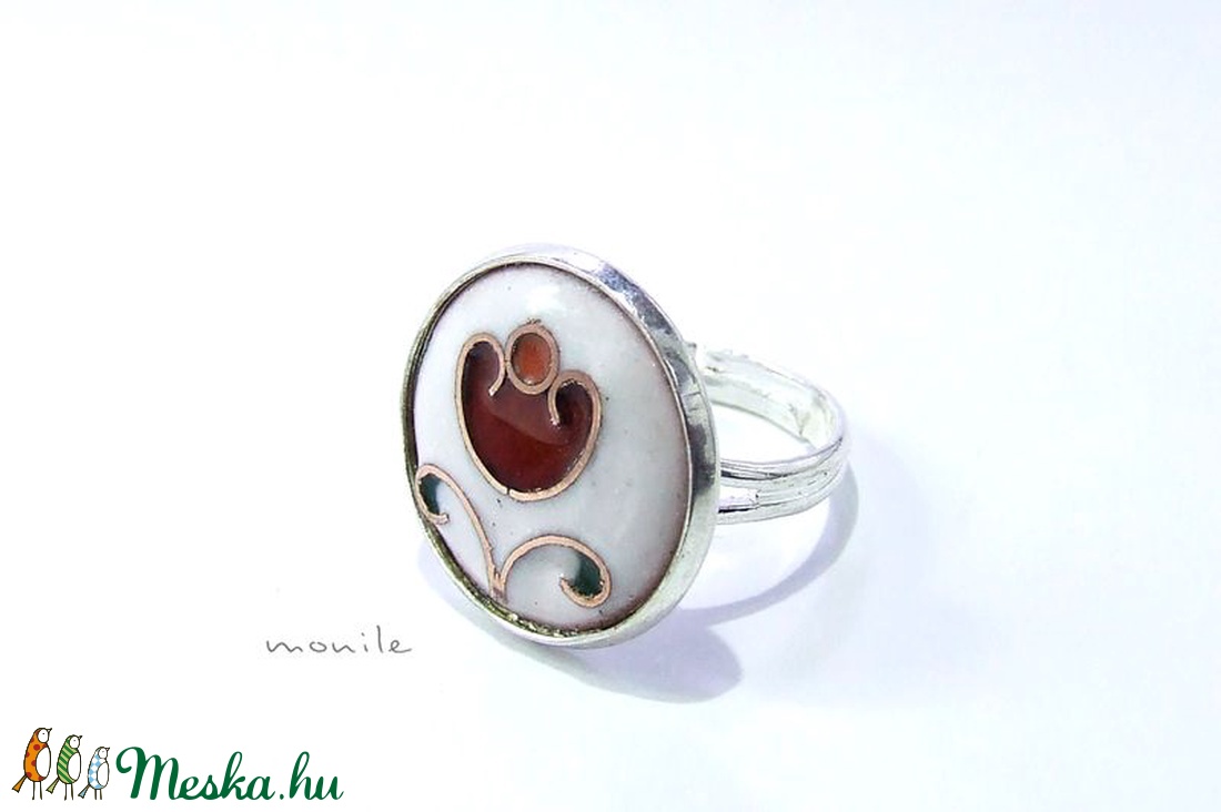 Virágos fehér-piros tűzzománc gyűrű - ékszer - gyűrű - Meska.hu