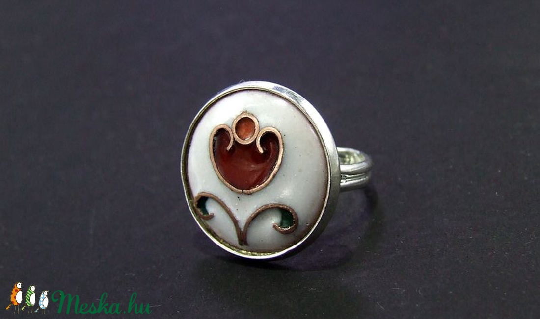 Virágos fehér-piros tűzzománc gyűrű - ékszer - gyűrű - Meska.hu
