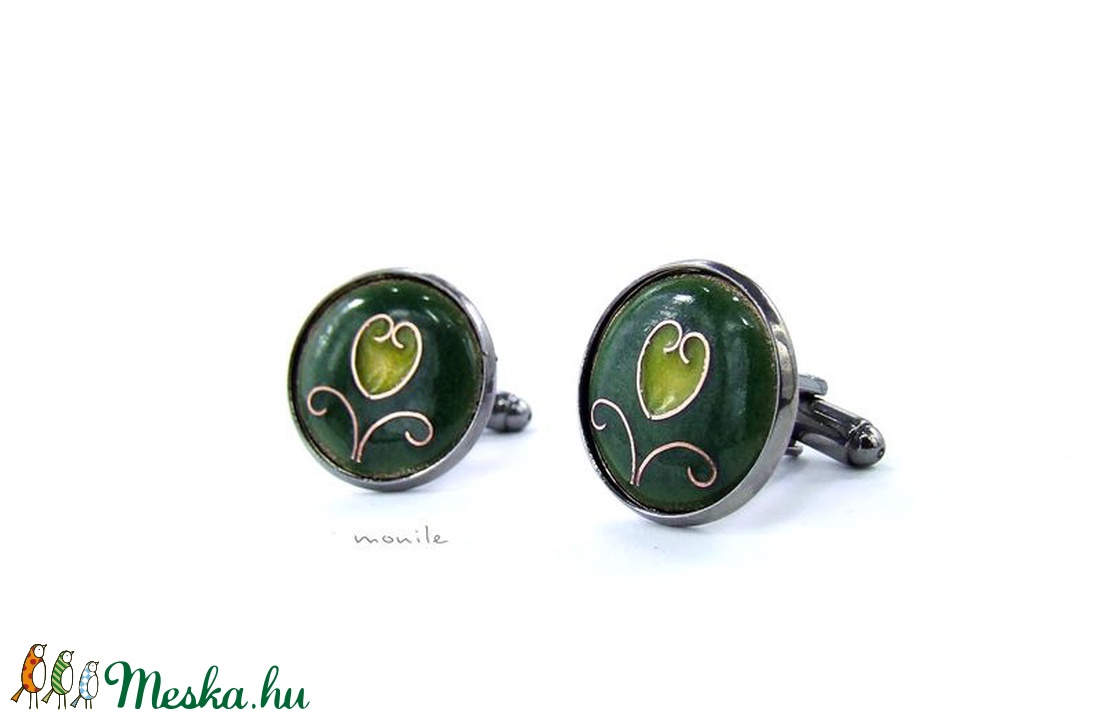 Mandzsettagomb - tulipános zöld-sárga tűzzománc -  - Meska.hu