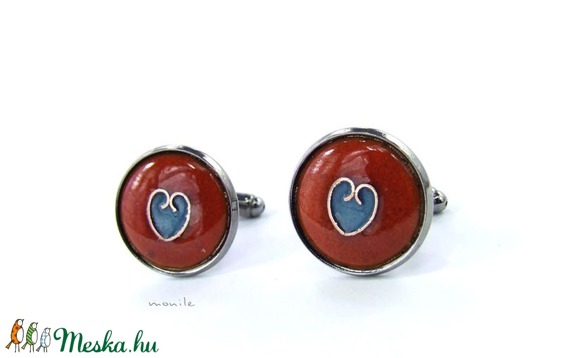 Mandzsettagomb - szíves narancs-türkiz tűzzománc -  - Meska.hu