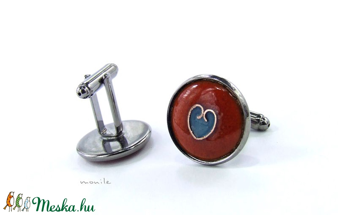 Mandzsettagomb - szíves narancs-türkiz tűzzománc -  - Meska.hu