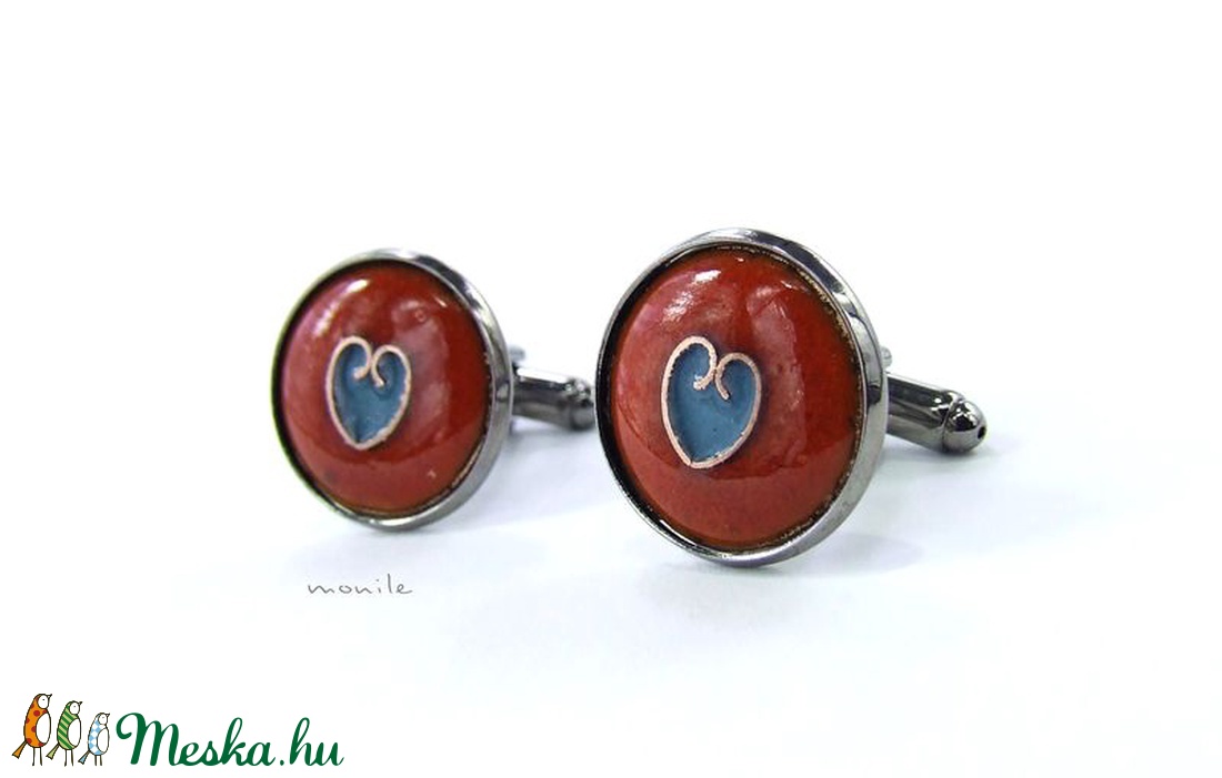 Mandzsettagomb - szíves narancs-türkiz tűzzománc -  - Meska.hu