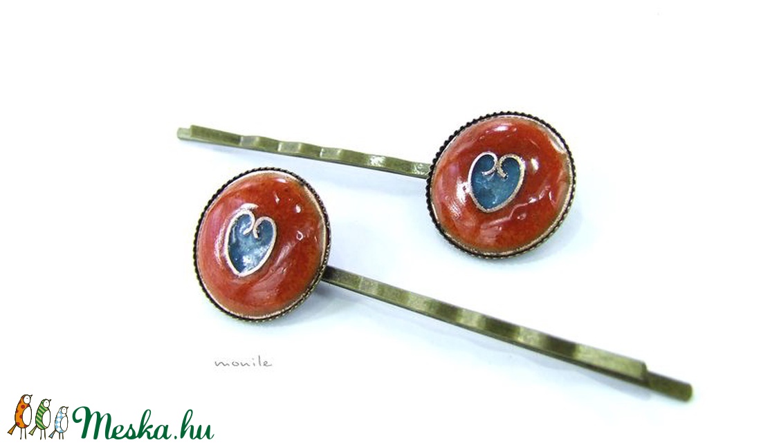 Szíves narancs-türkiz tűzzománc hajcsat - ruha & divat - hajdísz & hajcsat - hajcsat & hajtű - Meska.hu