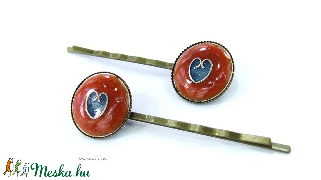 Szíves narancs-türkiz tűzzománc hajcsat - ruha & divat - hajdísz & hajcsat - hajcsat & hajtű - Meska.hu