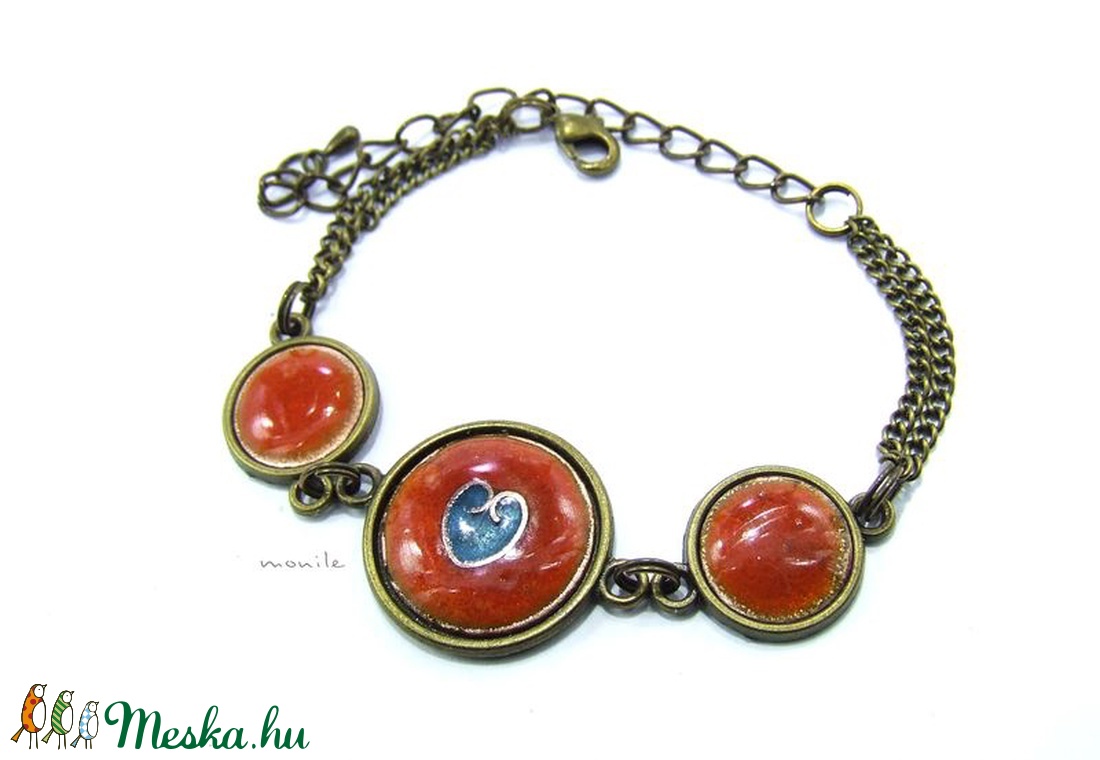 Szíves narancs-türkiz tűzzománc karkötő -  - Meska.hu