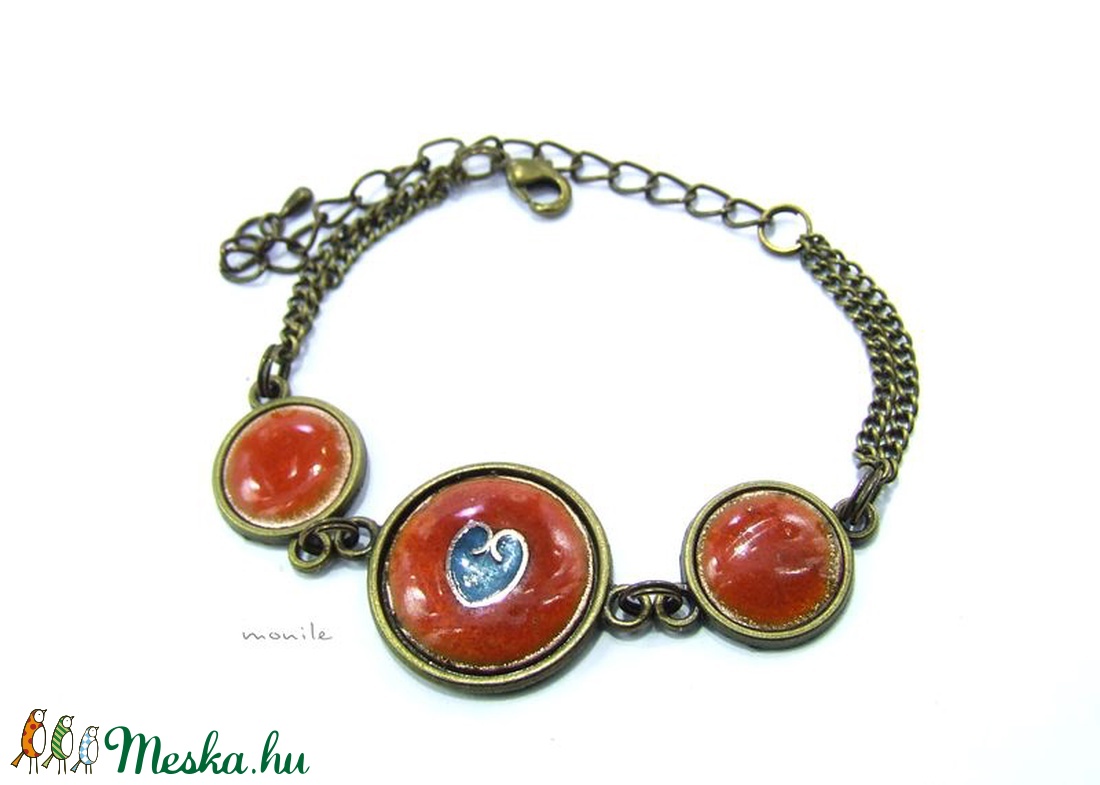 Szíves narancs-türkiz tűzzománc karkötő -  - Meska.hu
