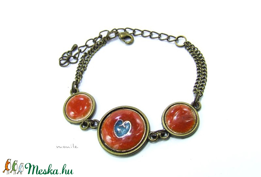 Szíves narancs-türkiz tűzzománc karkötő -  - Meska.hu