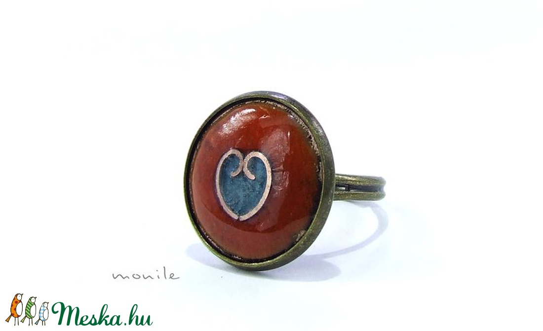 Szíves narancs-türkiz  tűzzománc gyűrű -  - Meska.hu