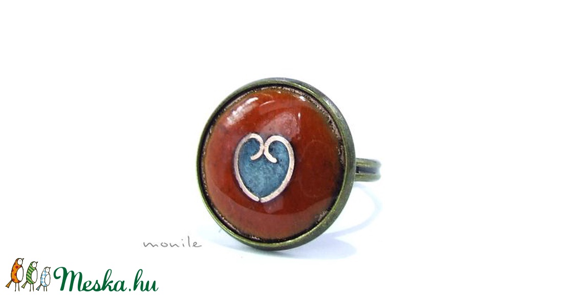 Szíves narancs-türkiz  tűzzománc gyűrű -  - Meska.hu