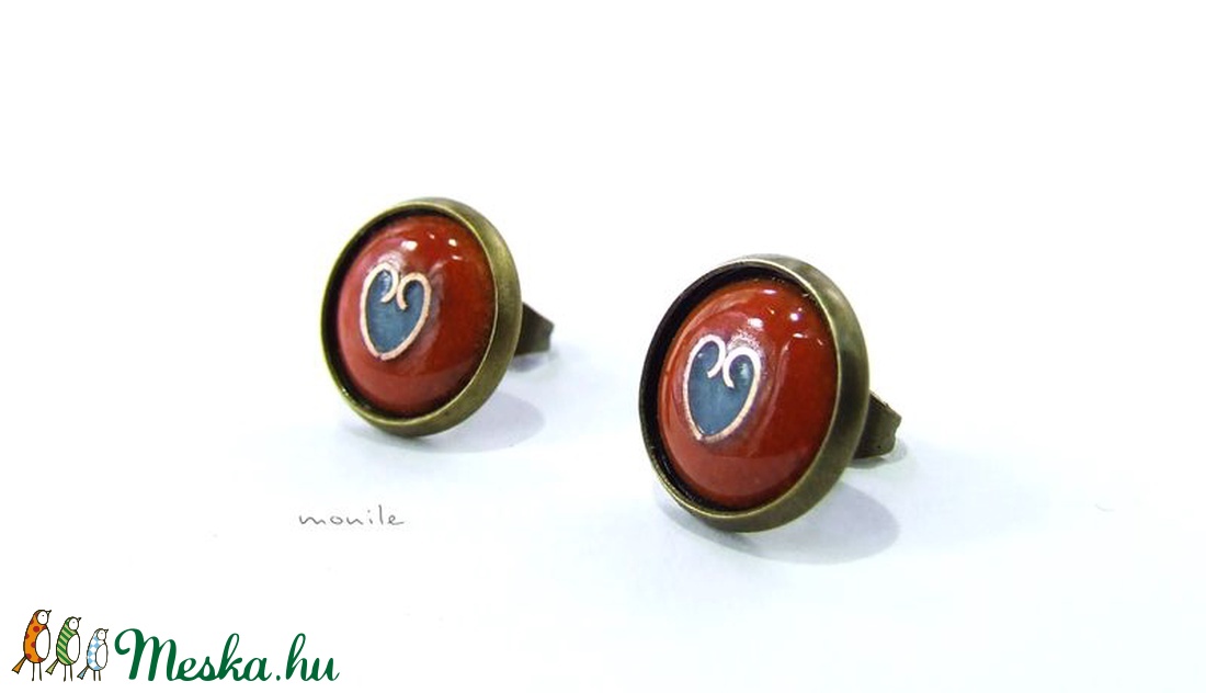 Bedugós tűzzománc fülbevaló - szíves narancs-türkiz -  - Meska.hu