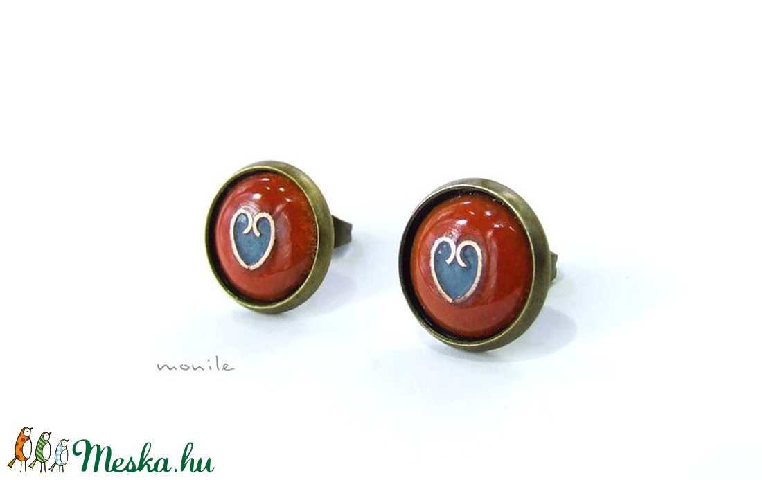 Bedugós tűzzománc fülbevaló - szíves narancs-türkiz -  - Meska.hu