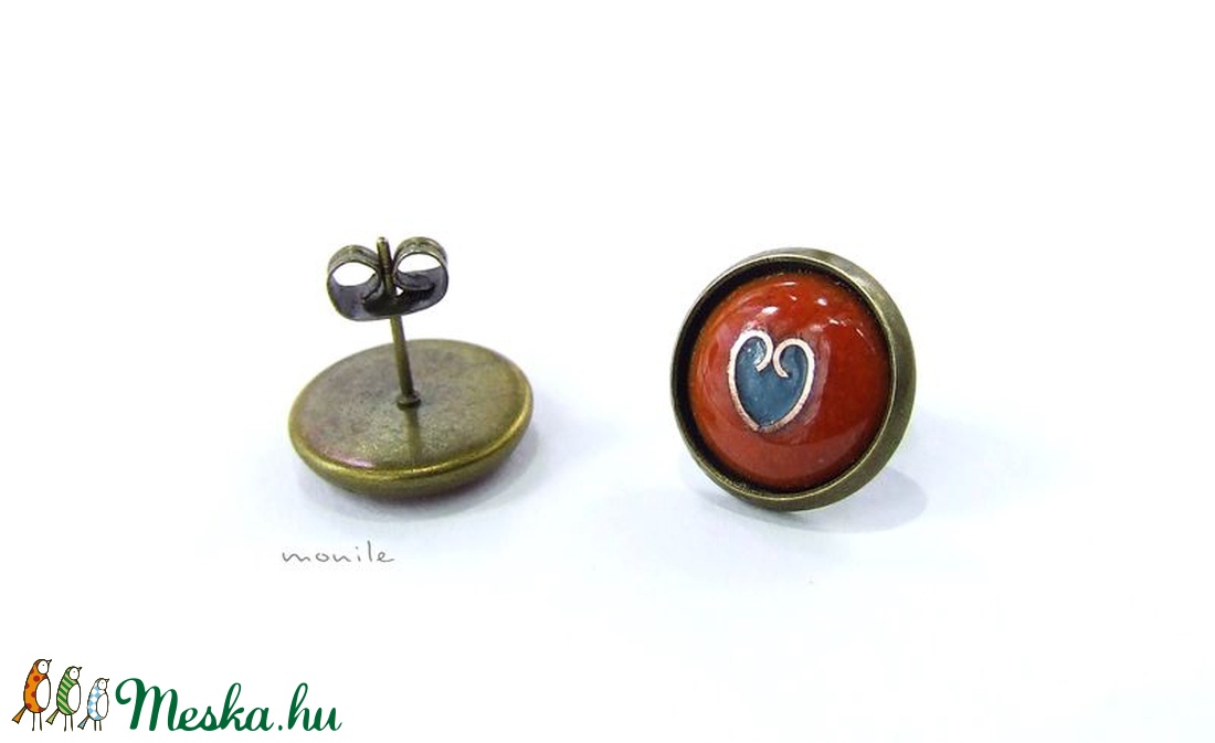 Bedugós tűzzománc fülbevaló - szíves narancs-türkiz -  - Meska.hu