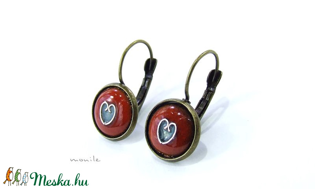 Tűzzománc fülbevaló - szíves narancs-türkiz -  - Meska.hu