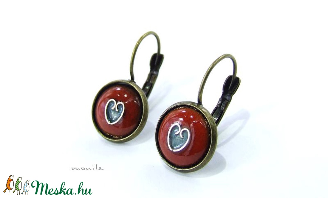 Tűzzománc fülbevaló - szíves narancs-türkiz -  - Meska.hu