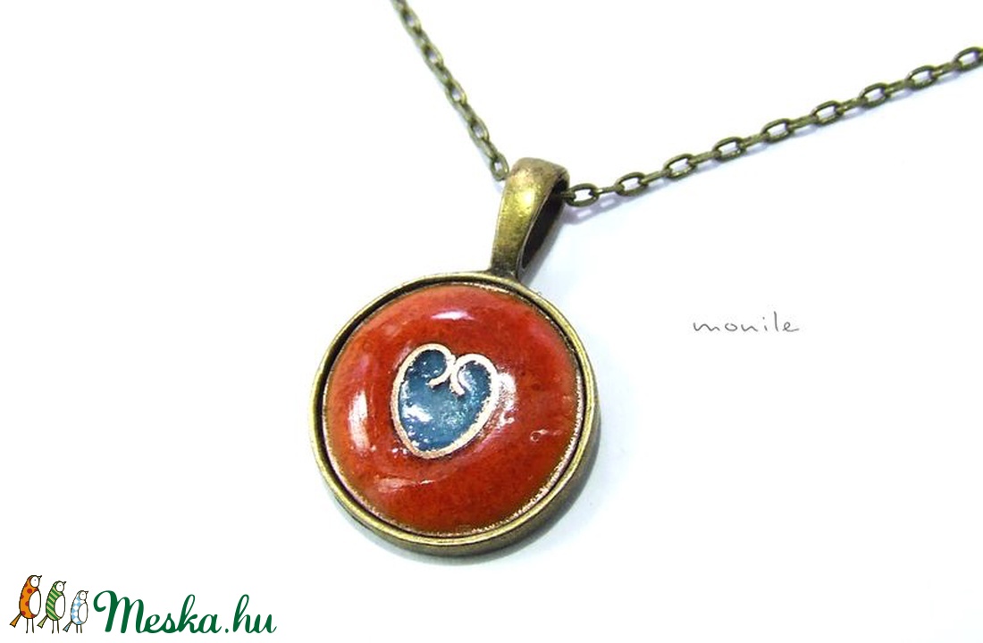 Szíves narancs-türkiz tűzzománc nyaklánc -  - Meska.hu