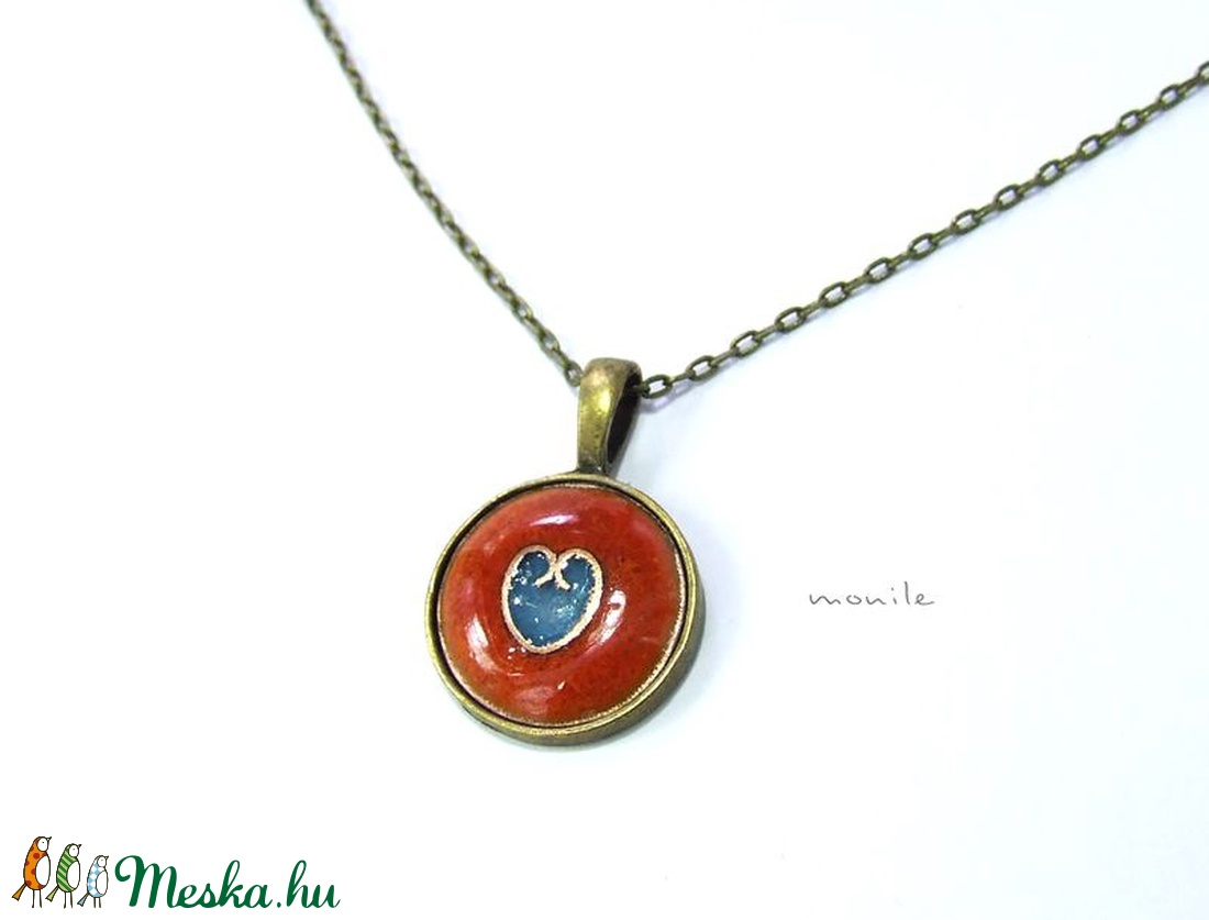 Szíves narancs-türkiz tűzzománc nyaklánc -  - Meska.hu