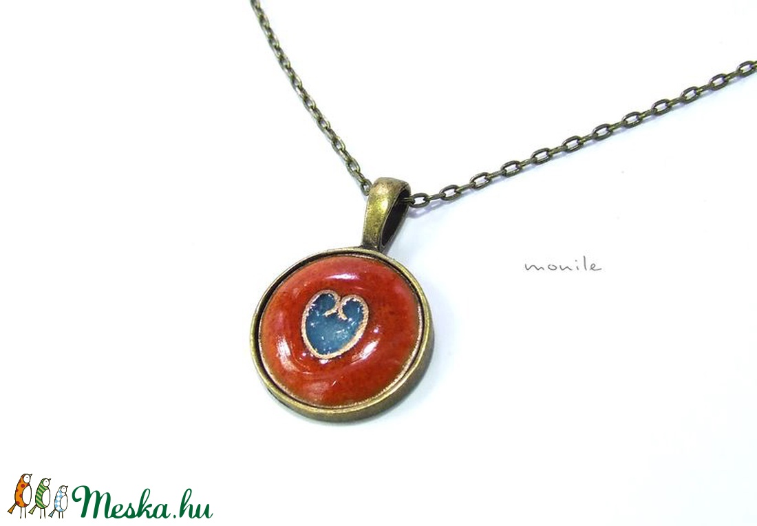 Szíves narancs-türkiz tűzzománc nyaklánc -  - Meska.hu