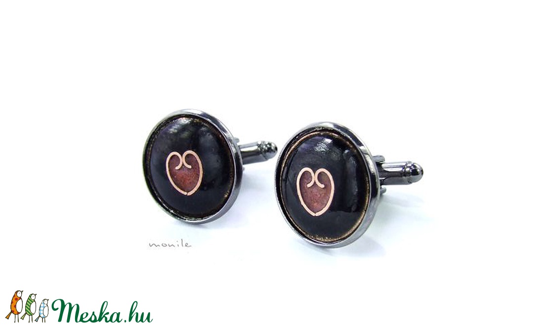 Mandzsettagomb - szíves fekete-rózsaszín tűzzománc - ékszer - mandzsettagomb - Meska.hu