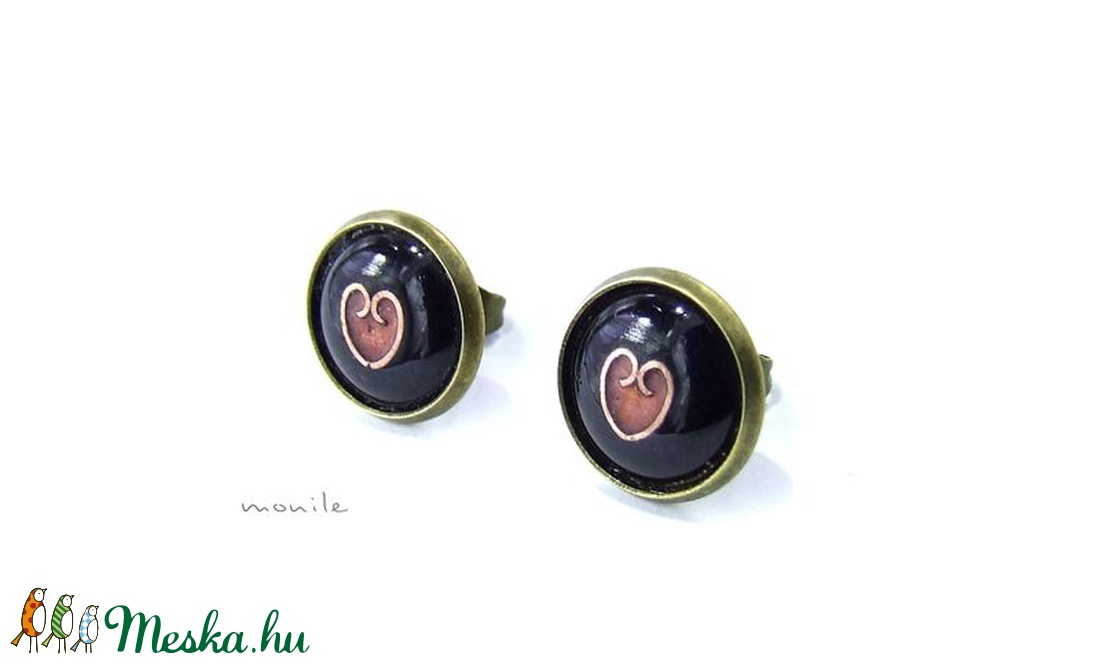 Bedugós tűzzománc fülbevaló - szíves fekete-rózsaszín - ékszer - fülbevaló - pötty fülbevaló - Meska.hu