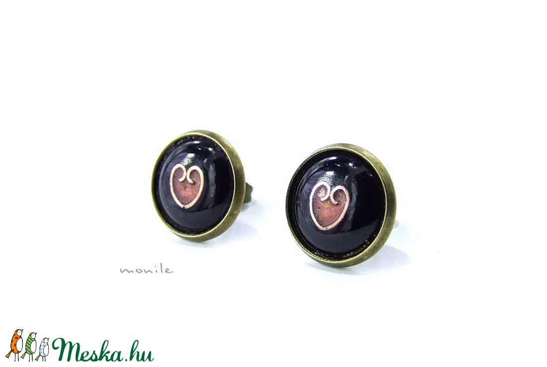 Bedugós tűzzománc fülbevaló - szíves fekete-rózsaszín - ékszer - fülbevaló - pötty fülbevaló - Meska.hu