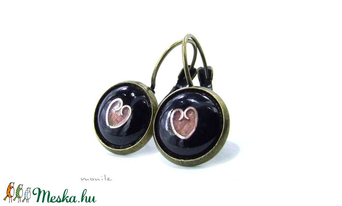 Tűzzománc fülbevaló - szíves fekete-rózsaszín - ékszer - fülbevaló - lógó fülbevaló - Meska.hu