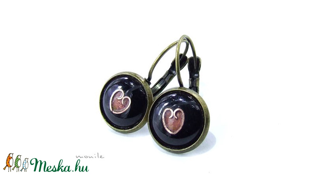 Tűzzománc fülbevaló - szíves fekete-rózsaszín - ékszer - fülbevaló - lógó fülbevaló - Meska.hu